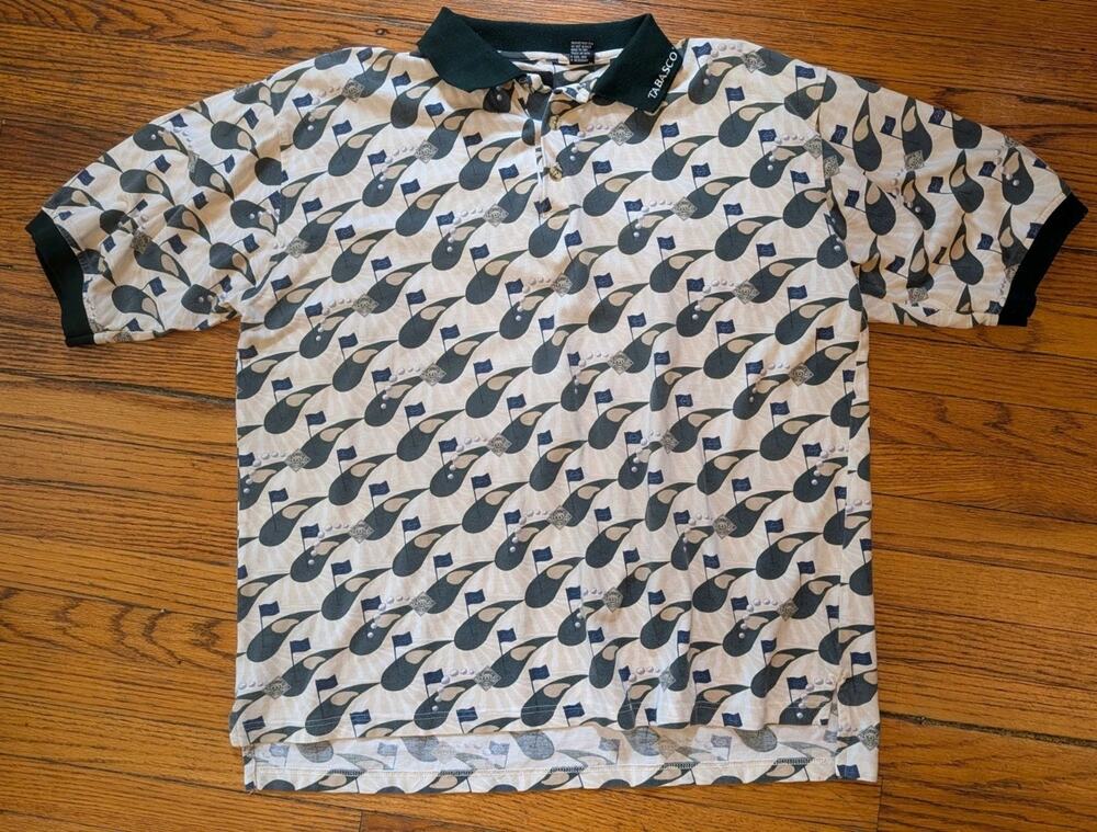 Tabasco Golf Polo Shirt Mens XL All Over Print Golf Clubs Hot Sauce 100% Cotton